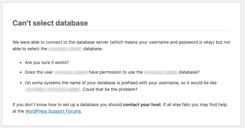 Fix Cant select database error in WordPress