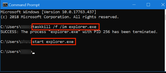 Restart explorer.exe process in Windows 10 command prompt