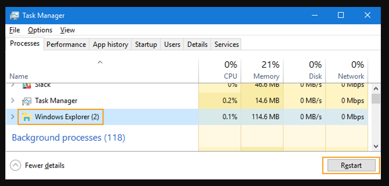 Restart explorer.exe process in Windows 10